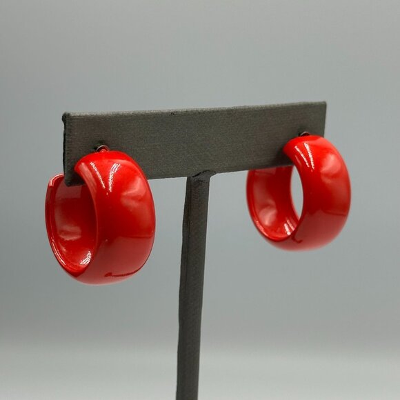 Vintage Red Hoop Earrings Enamel Metal Wide Pierced Retro Chunky 80s 90s 1" - Picture 2 of 7